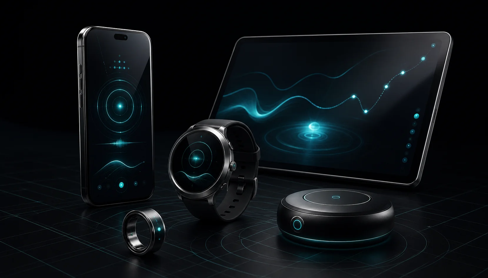 TR4NSFORM concept smartphone, smartwatch, tablet, smart ring and resonance scanner in an onyx studio